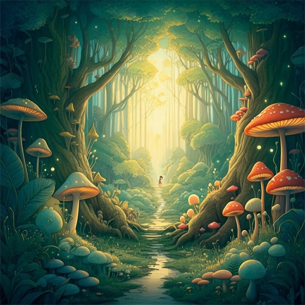 Whimsical Forest Scene in Dreamy Miyazaki Style