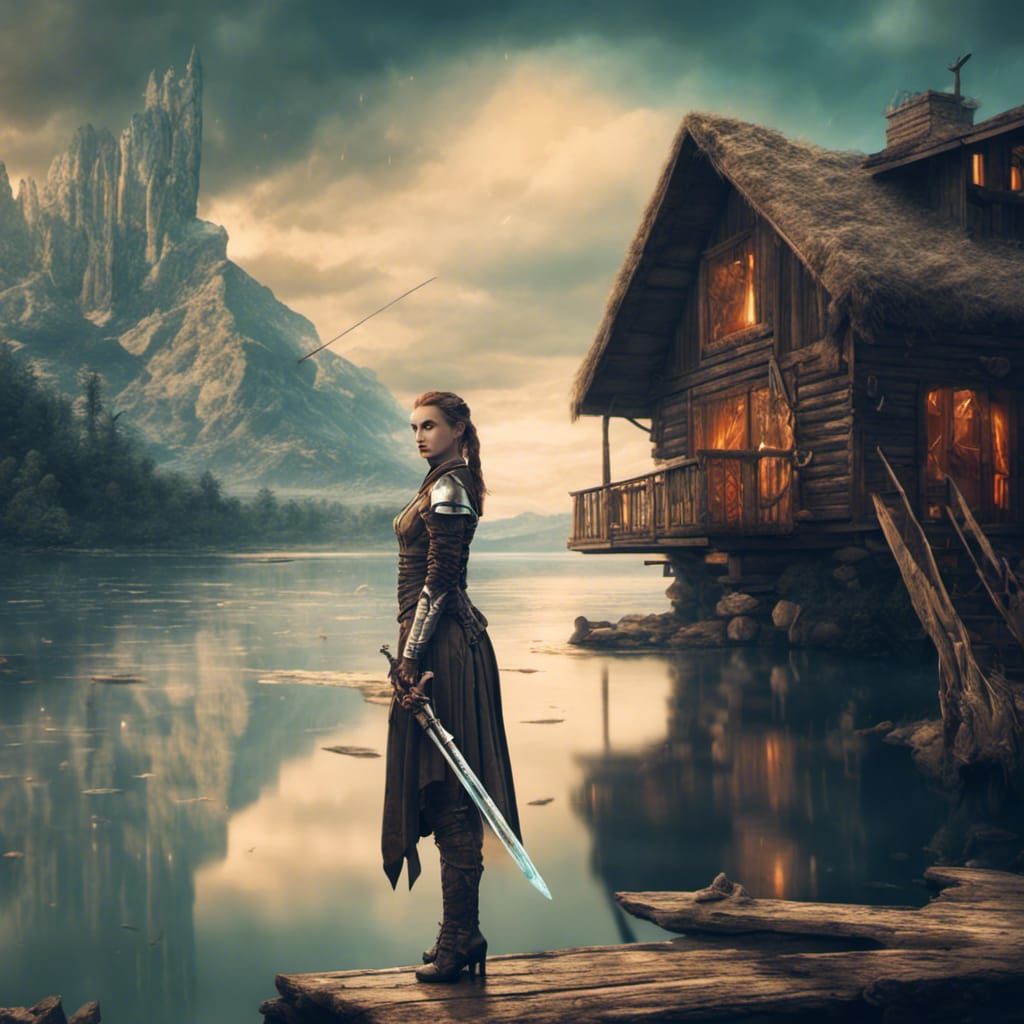 A futuristic image of a tall, fair warrior lady with a sword...