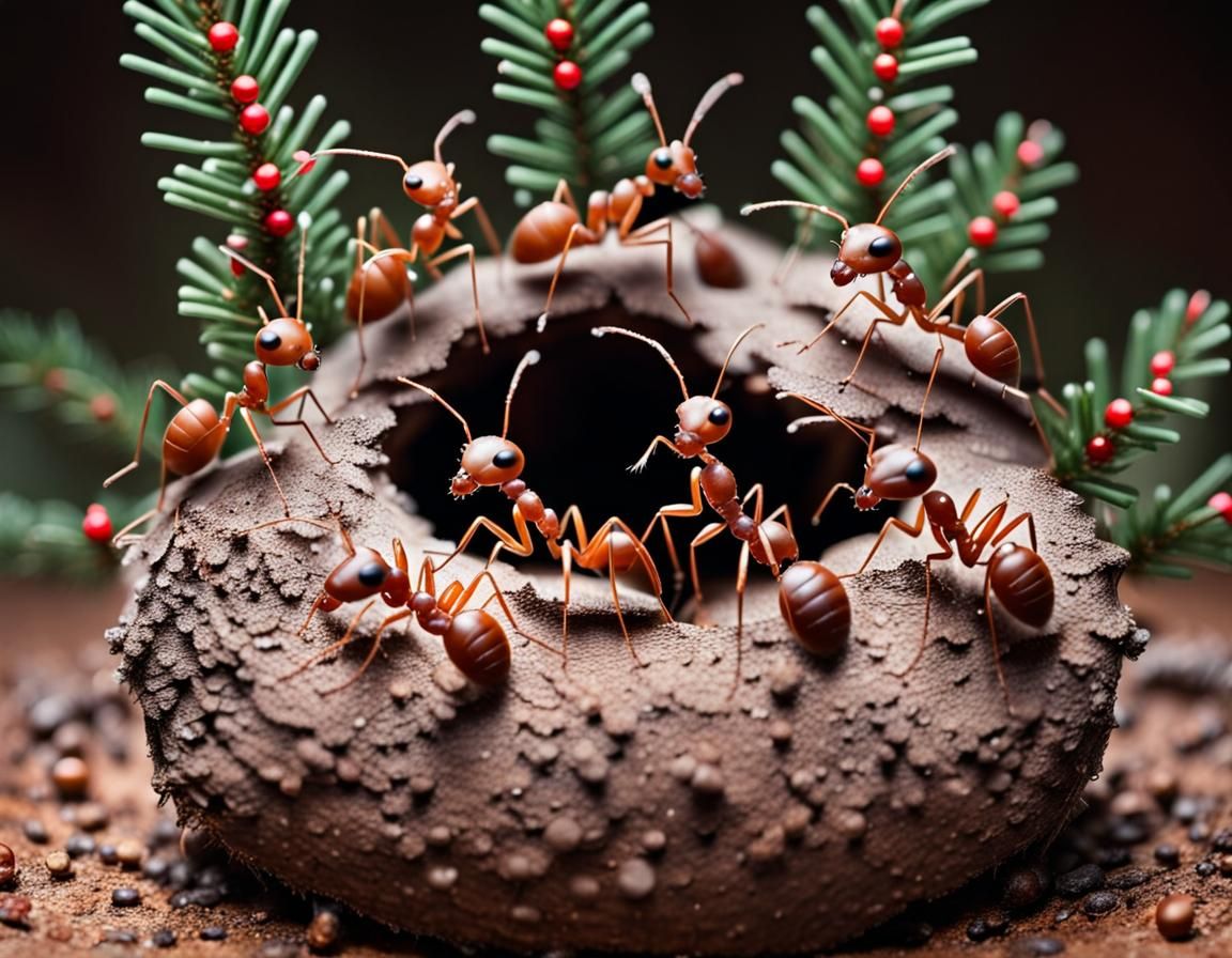 A colony of. ants decorating their nest for Christmas AI Generated