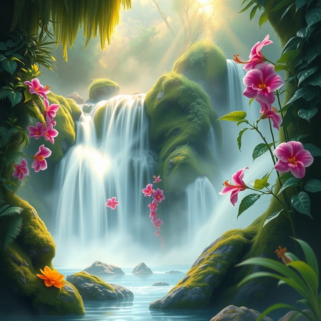  an enchanting scene of a cascading waterfall surrounded by lush greenery and vibrant flowers  by @Ariana do Migro 