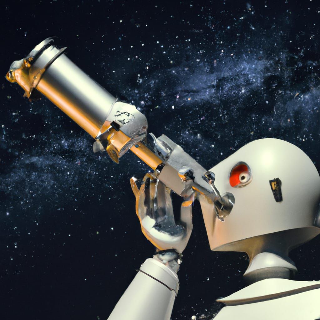 super realistic humanoid robot watching the stars through a ...