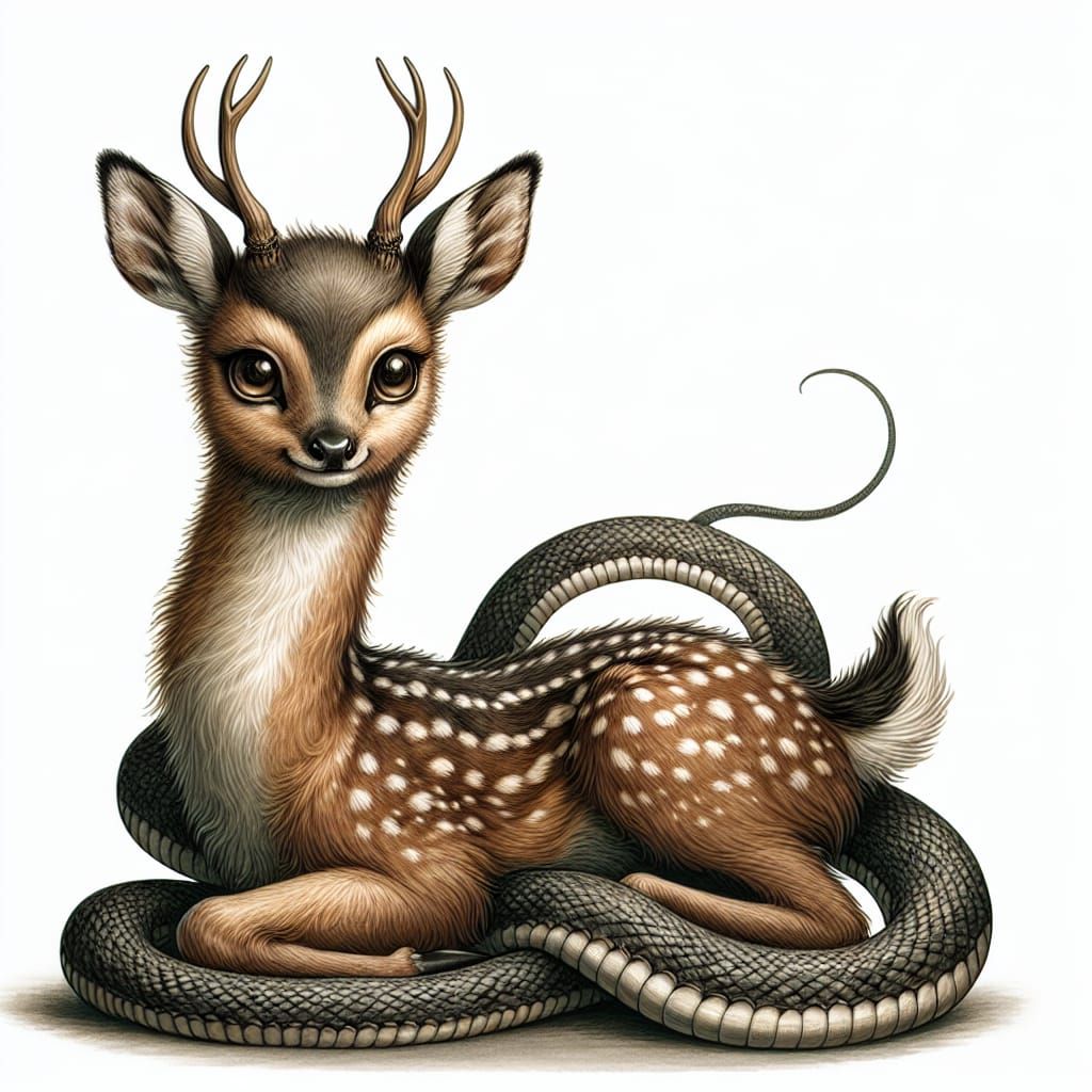 Deer serpent hybrid cute detailed illustration