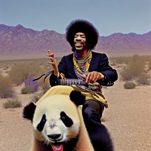 Jimi Hendrix riding a panda through the Mojave Desert