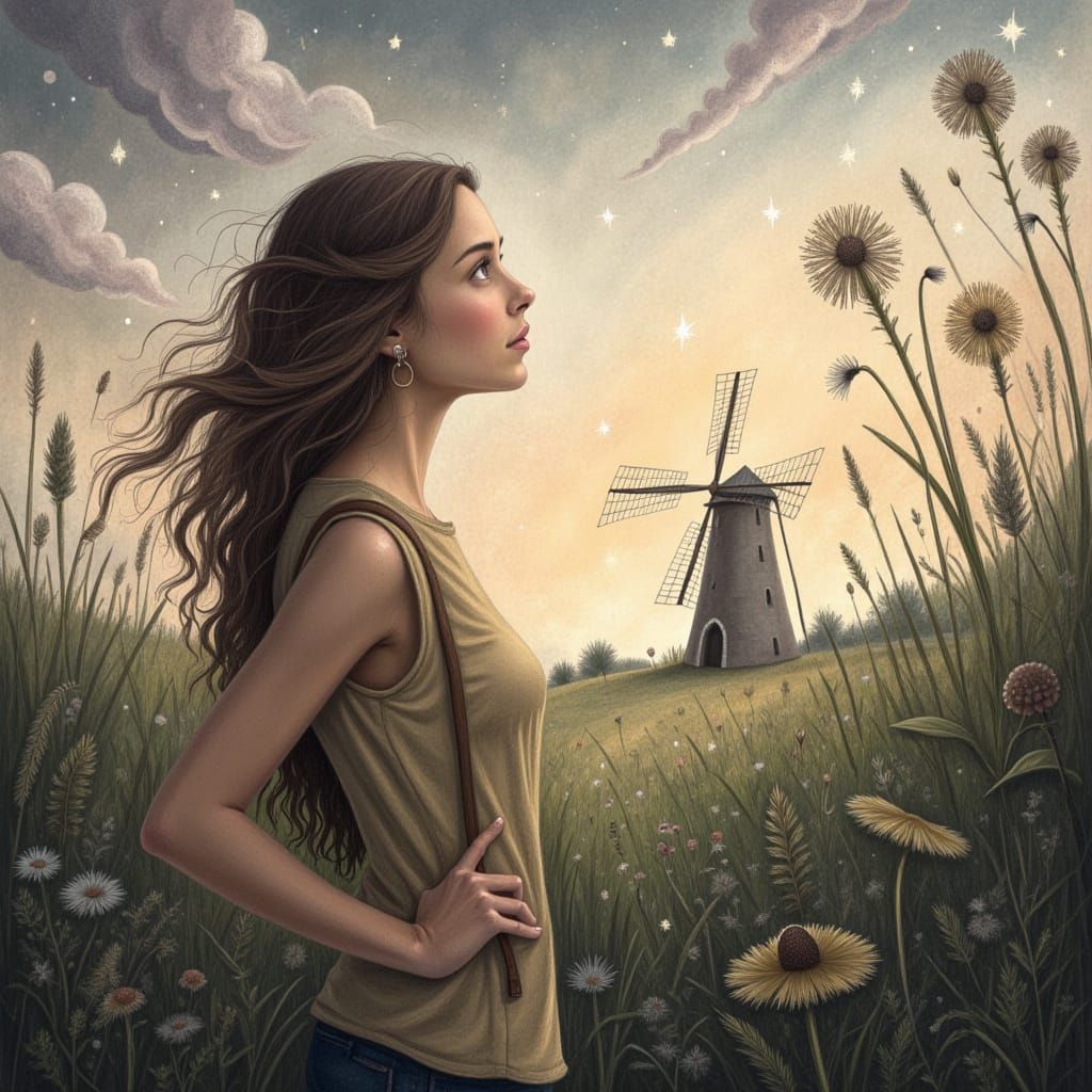 young modern woman looking at a windmill in an impressionist encaustic painting, natural dark colors <lora:EncausticPaintings:1.0>
