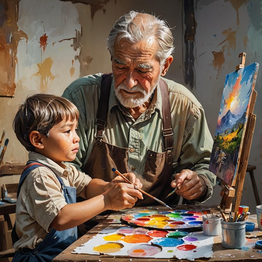 old man teaching child how to paint