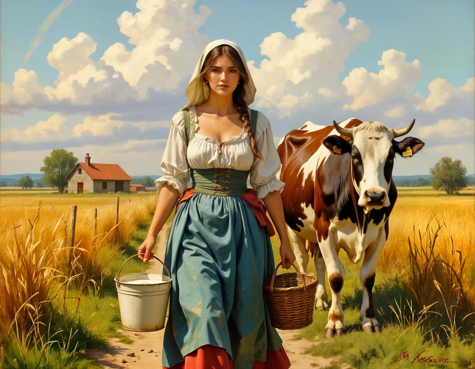 Full-length portrait of a beautiful medieval peasant woman carrying a bucket of milk; in the background, ...  by @Hugo Raul