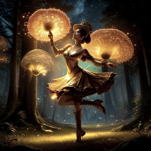 Magical realism painting. Wide shot. A whimsical stunningly beautiful dancer magically leaping over a field of oversized, fantastical mushro...