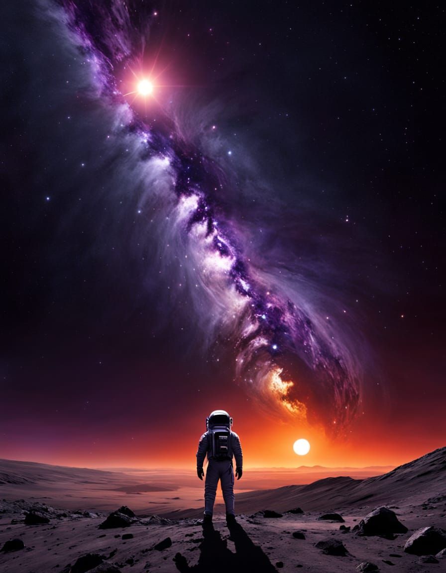 A distant planet with a swirling purple vortex in the background, a massive spaceship with a gleaming silver hull and a trail of fiery exhau...