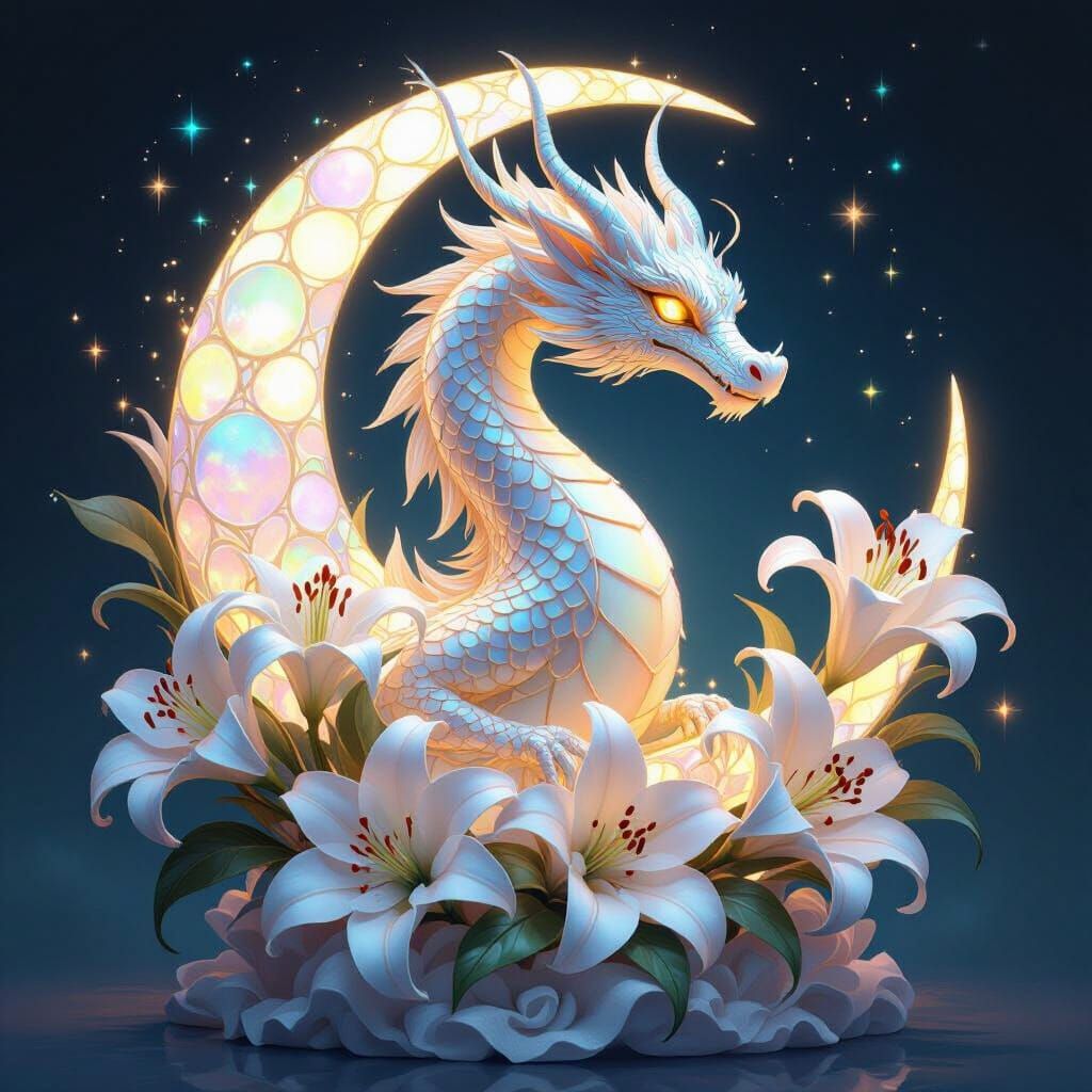 A towering sculpture of a majestic dragon, its scales meticulously crafted from luminous moonstone, radiating ...  by @Momagirl14