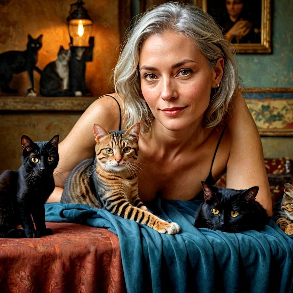 Enchanting Lady in Whimsical Surrealist Scene with Felines