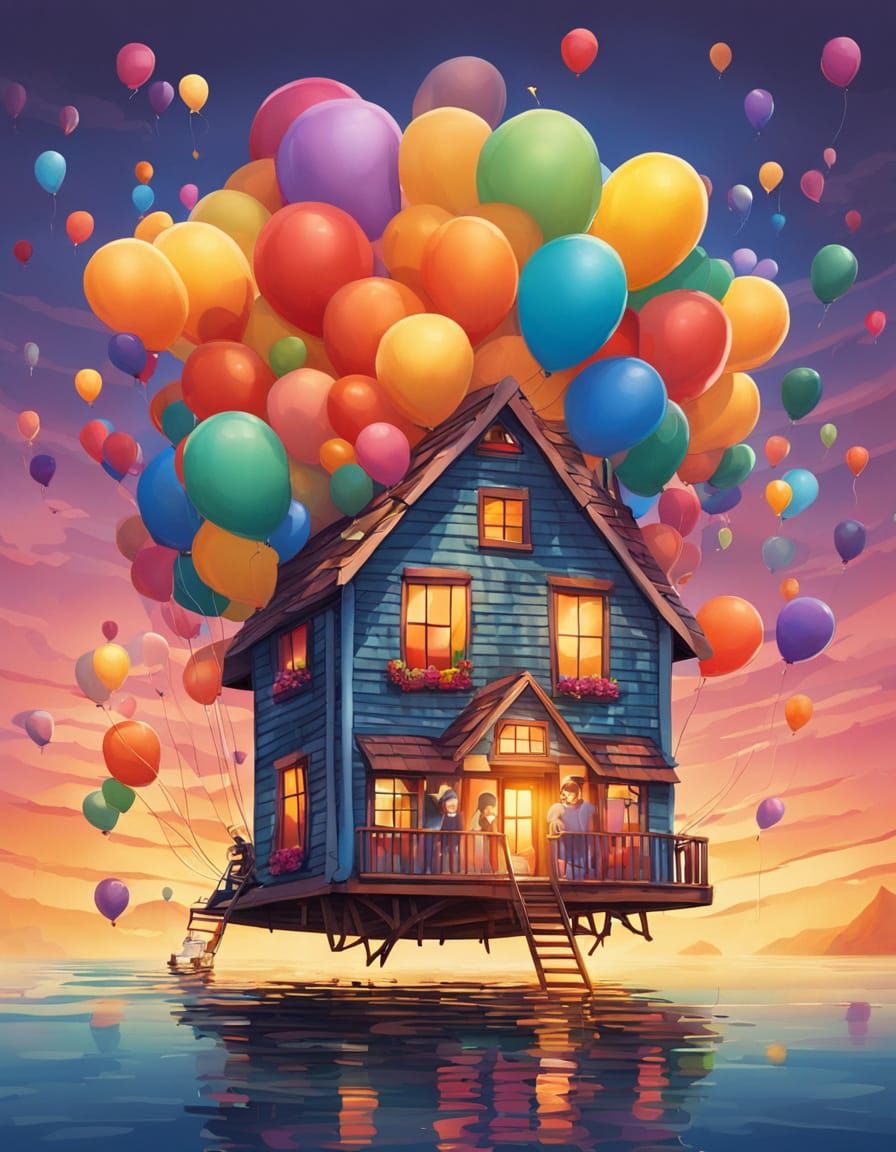 floating house carried by balloons, bright rainbow colors, educational poster, vibrant and uplifting ...  by @esmirquinn