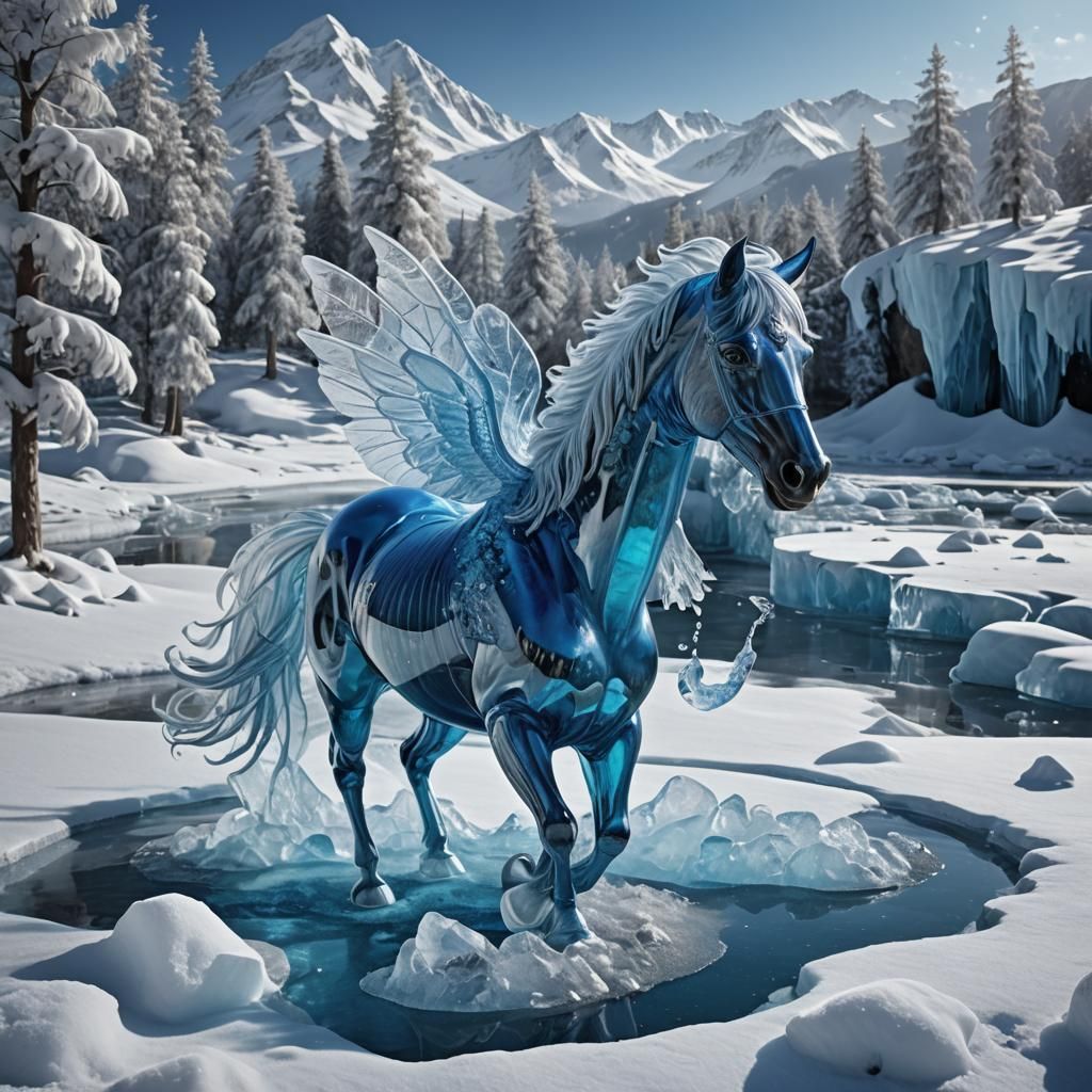 make horse fly up and away like wings solid glass ice sculpt...