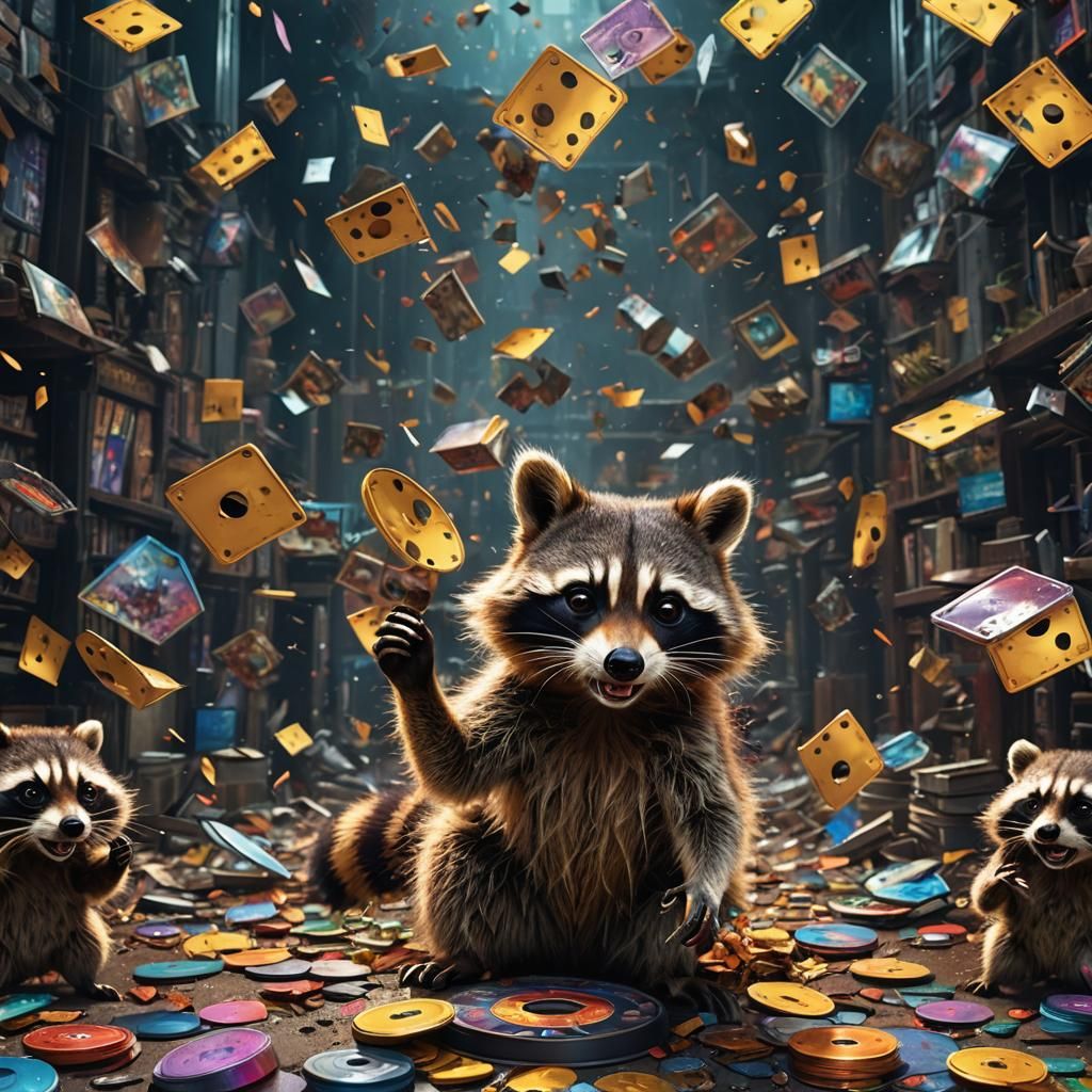 Cute raccoons searching for stuff