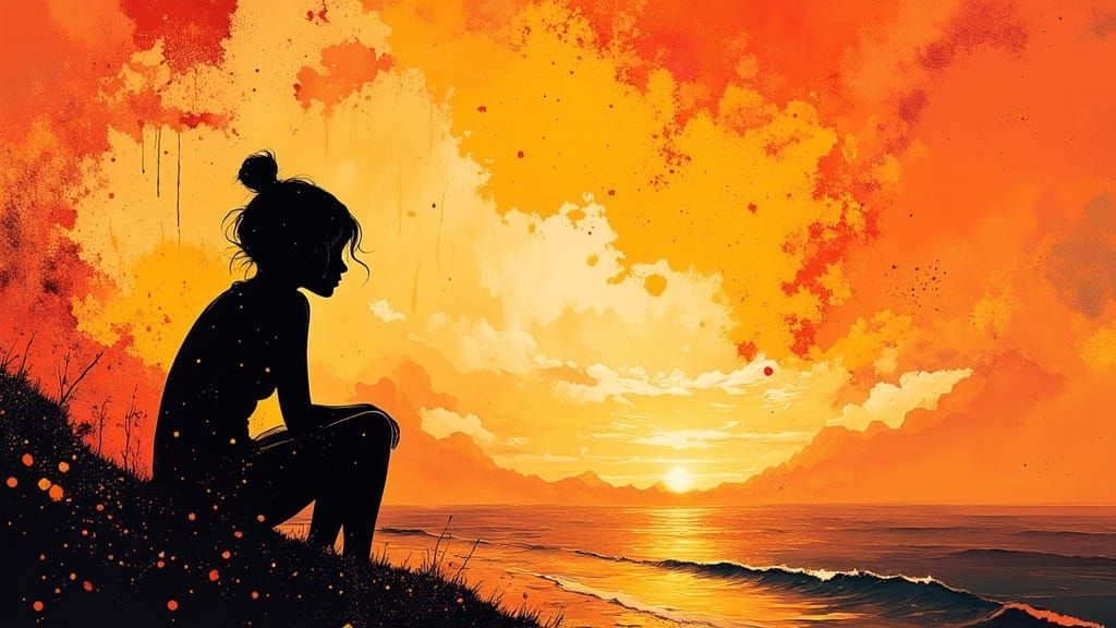 "Orange" beautiful closeup light orange sunset splash art painting; silhouette of a person sitting watching the sunset; amazing light yellow...