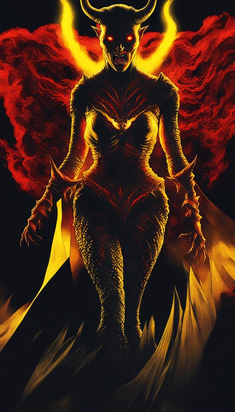 The devil woman stands in a dynamic full-length pose, on a b...