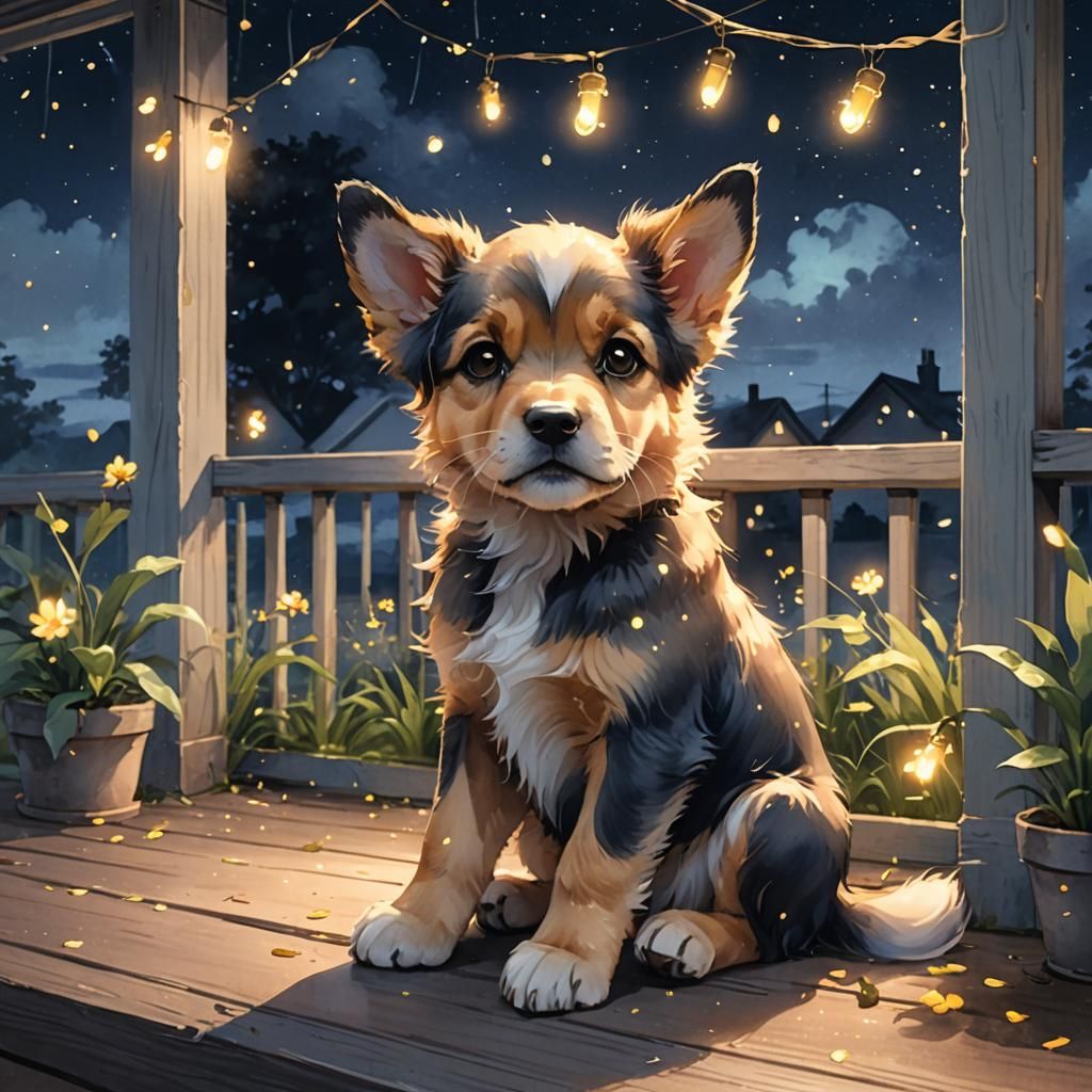 A cute puppy sitting on a porch that overlooks a field full ...