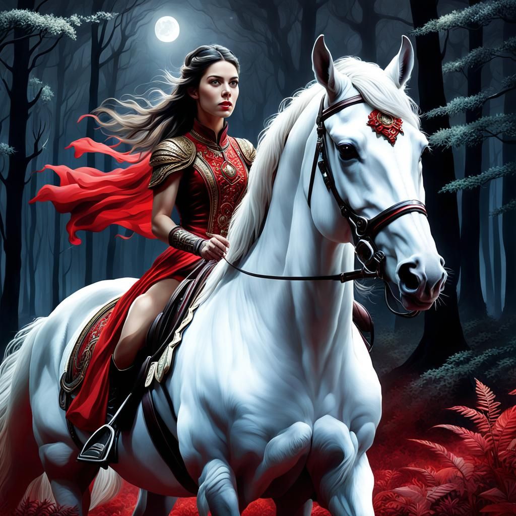 una pintura hiperrealista en acuarela de una mujer que cabalga sobre un caballo blanco por un bosque de noche, lleva un vestido blanco y tie...