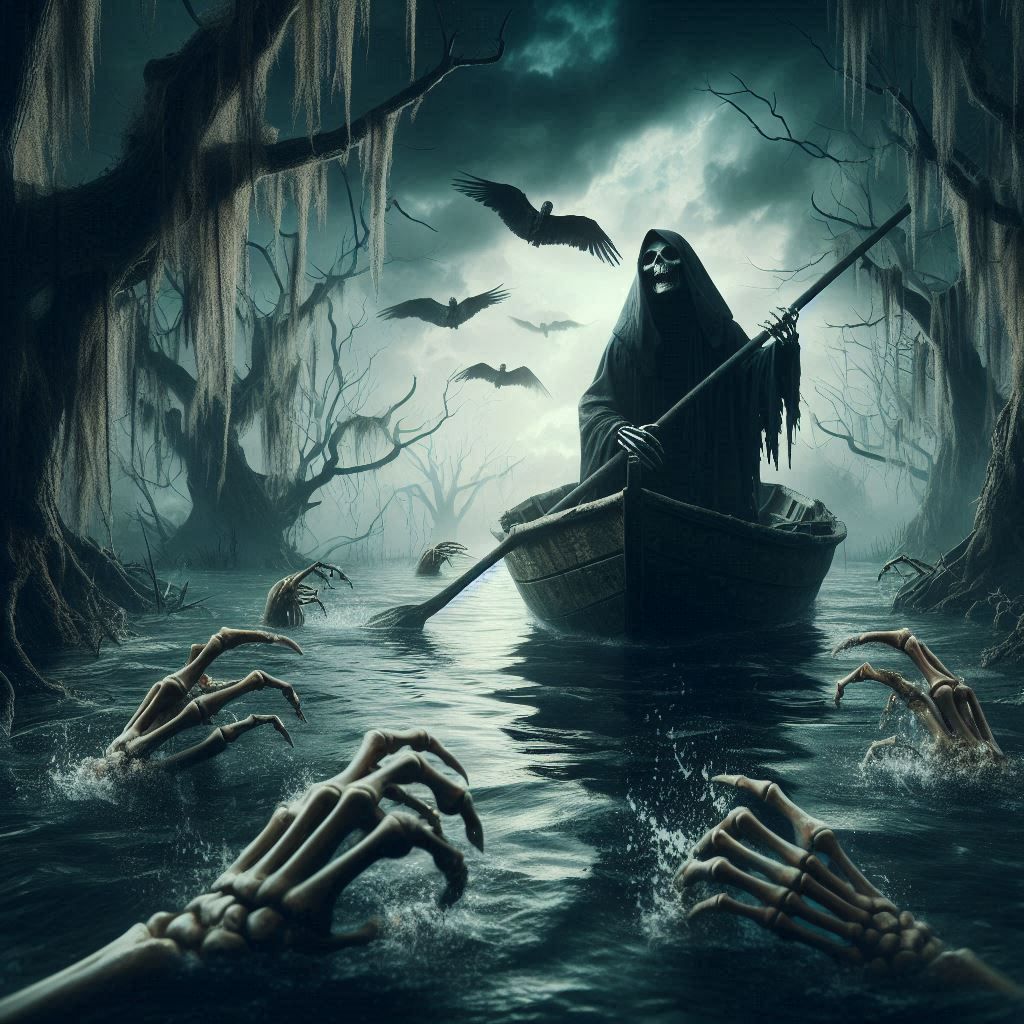 The Grim Reaper in a boat on a body of dark water with skeleton hands bursting from the still waters, gothic art, swampy atmosphere, journey...