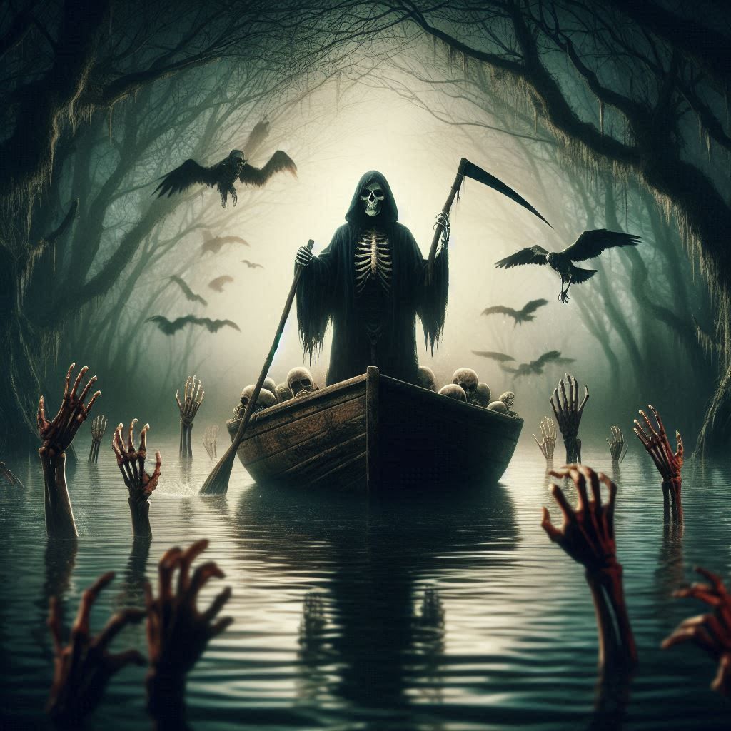 The Grim Reaper in a boat on a body of dark water with skeleton hands bursting from the still waters, gothic art, swampy atmosphere, journey...