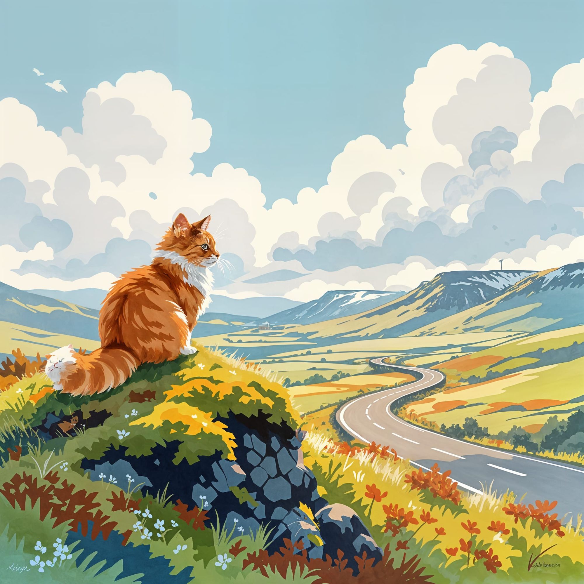 i want you to create a digital art image in watercolor style animation of a cat on route 93 in iceland . the cat is on a hill looking down a...