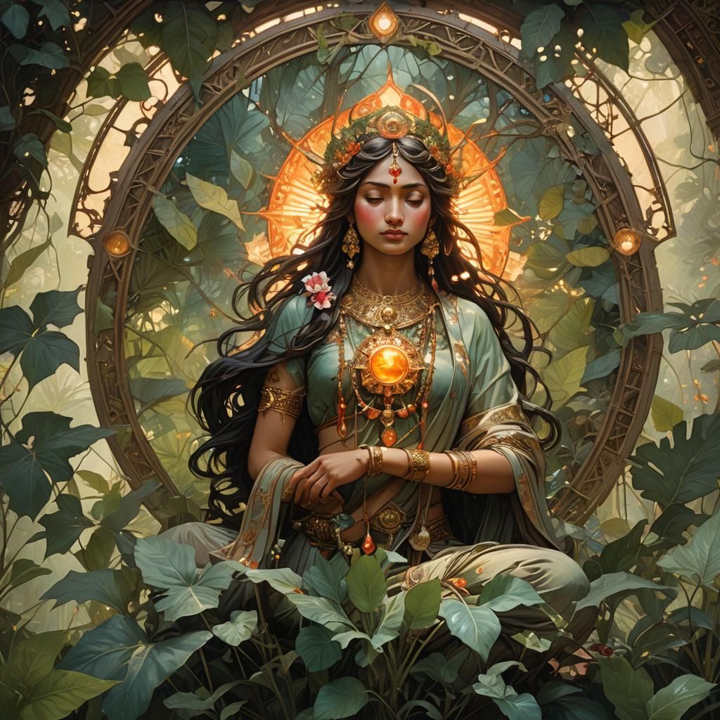 Mystical Aura: Meditating Goddess Amidst Verdant Foliage - AI Generated ...