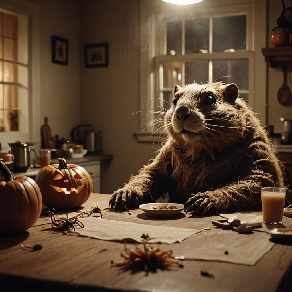 A 1950s photograph of a creepy gopher sitting at a kitchen t...