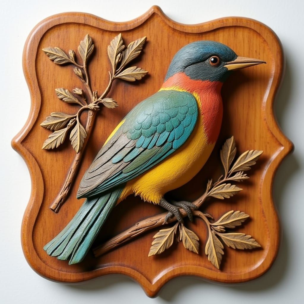 A wooden relief carving of a colorful bird on a square wooden plate with scalloped edges <lora:Wooden Carving:1.0>