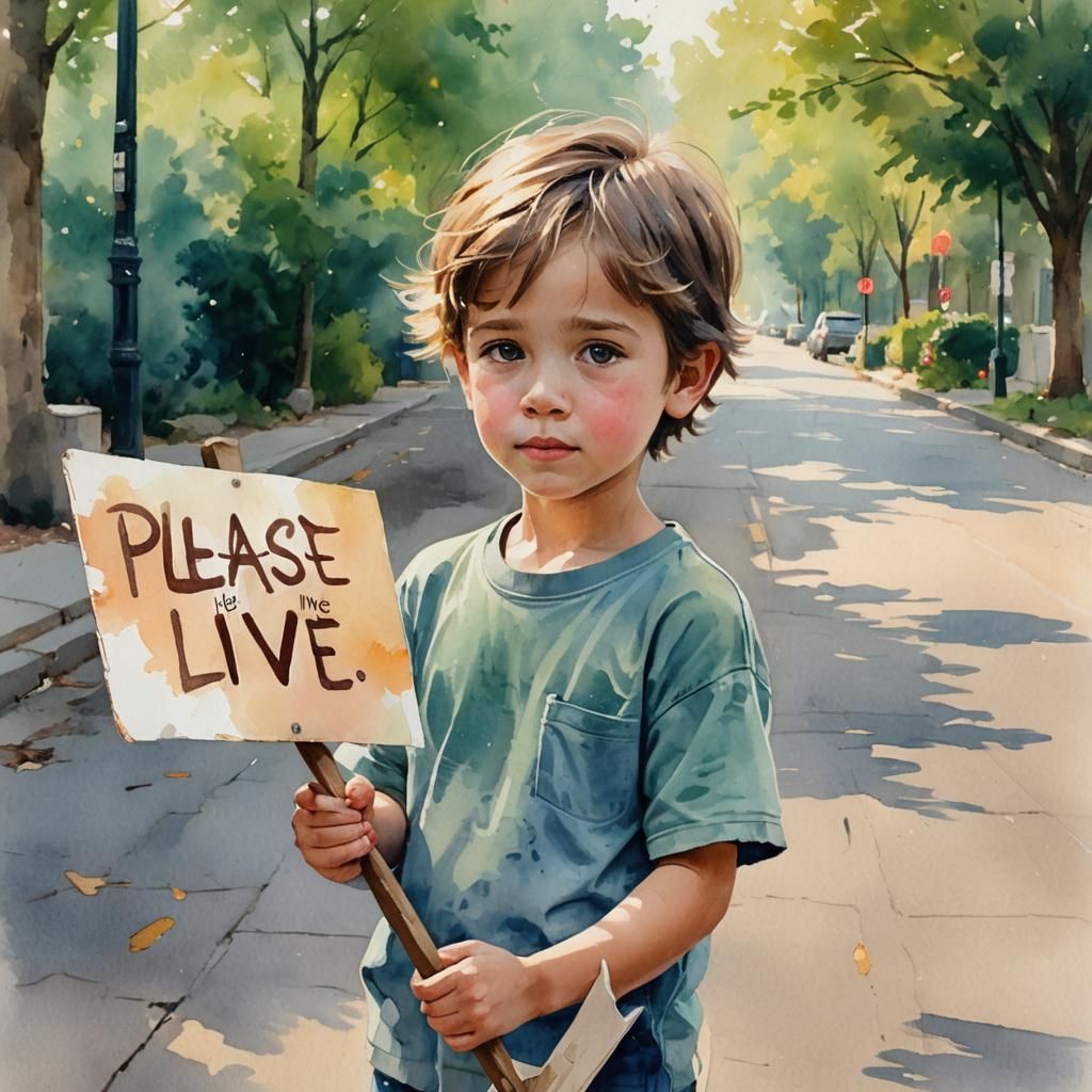Child Holds Plea Sign in Watercolor Digital Art