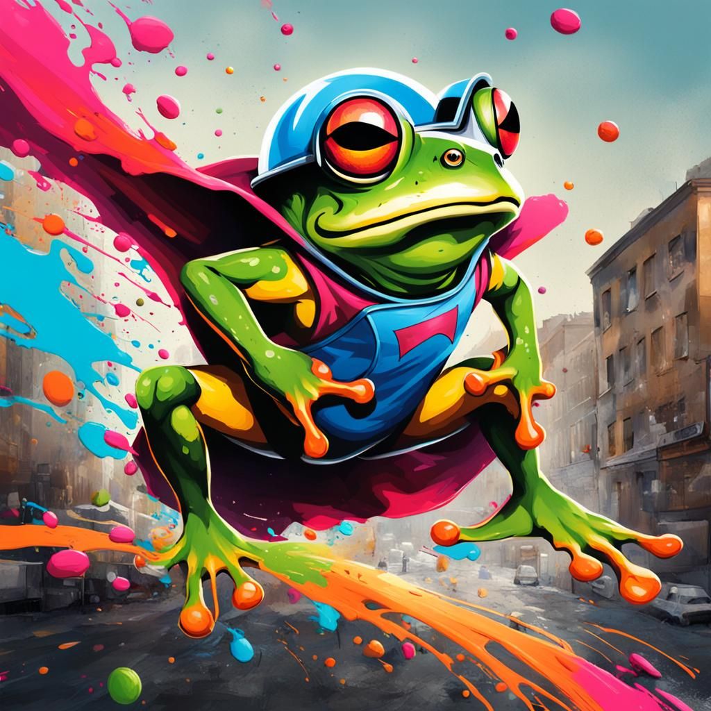 super frog in cape and helmet flying 