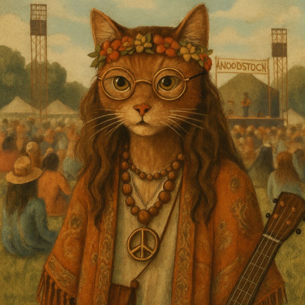 A hippie cat at Woodstock in an earthy style with a touch of bohemian flair, reminiscent ...  by @Cassie Peters