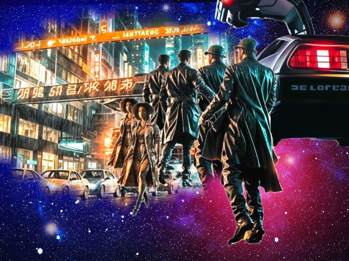 People arriving  into futuristic night city