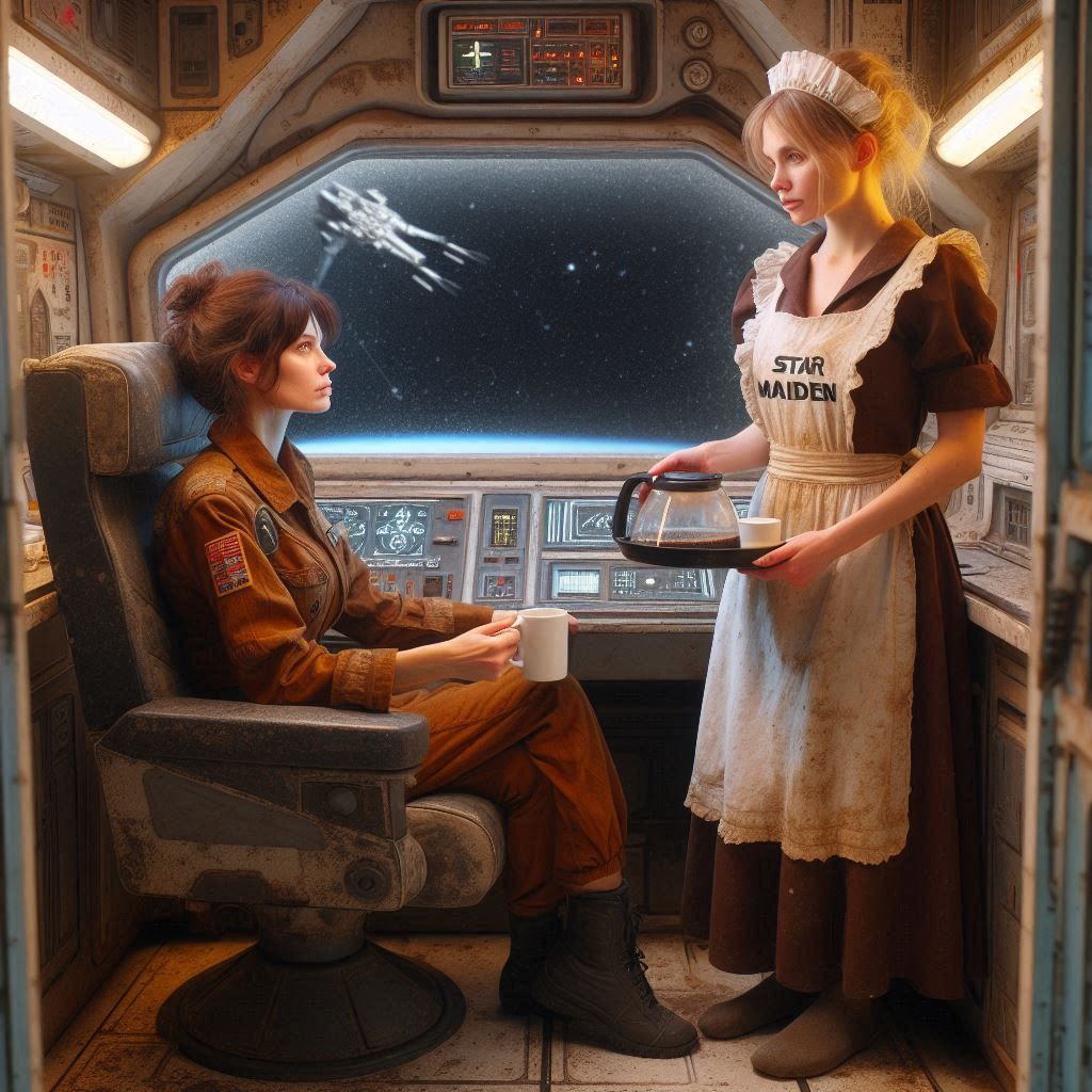 A the female captain of an old spacefreighter is being serve...