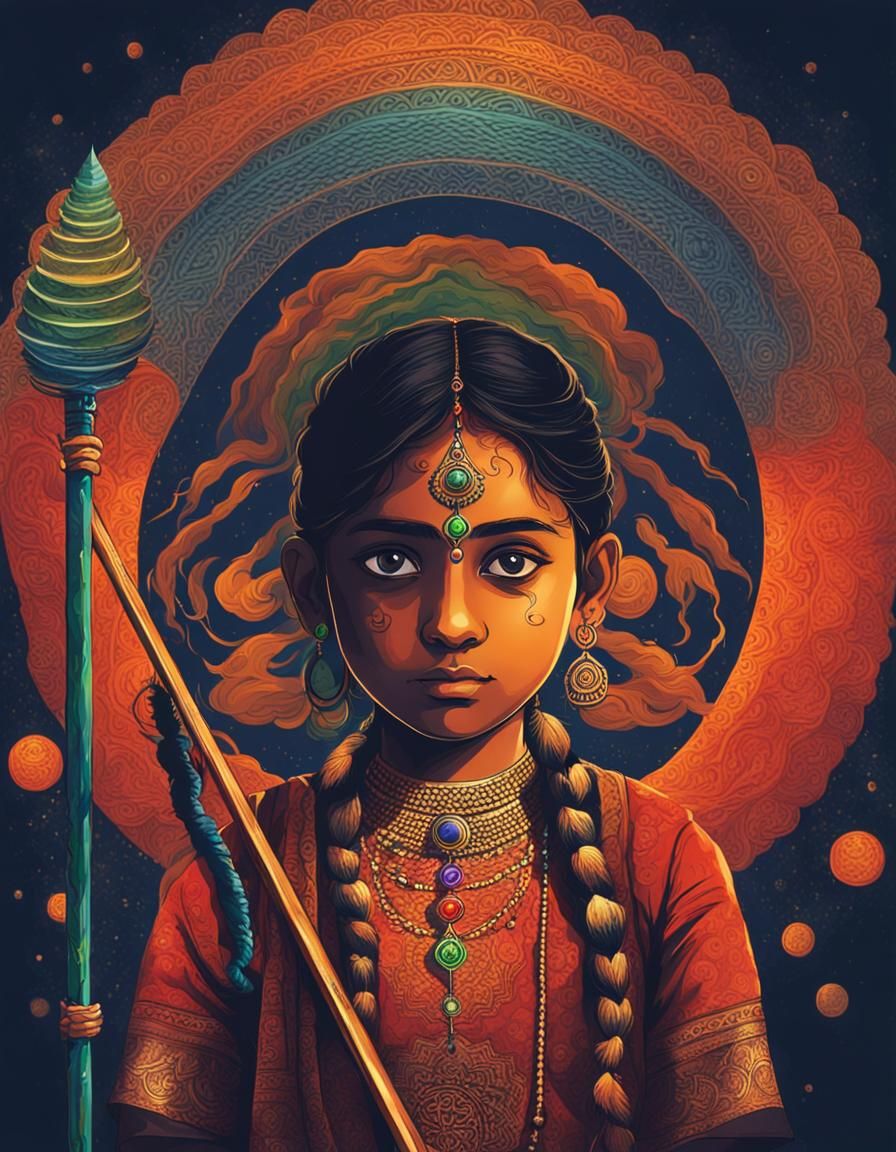 An Indian girl with a rod with chakra on an end. Indian natu...
