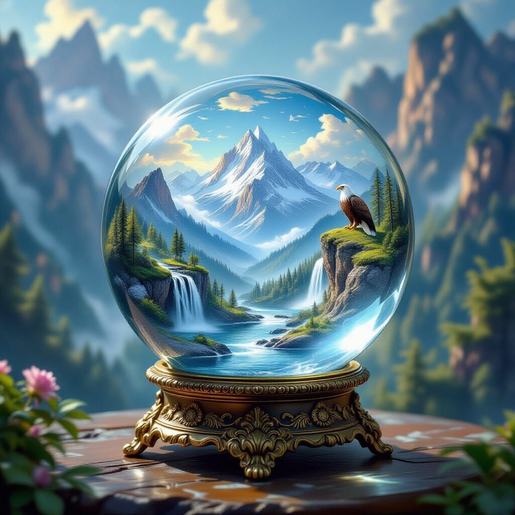 Crystal Ball with Miniature Mountain Landscape and Eagle