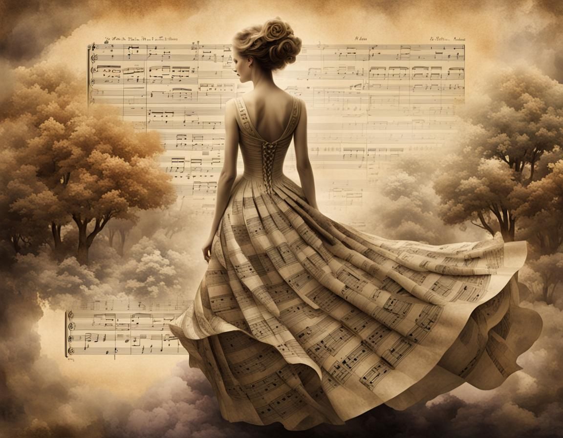 Woman with a dress made of vintage sheet music  by @imagines_ai