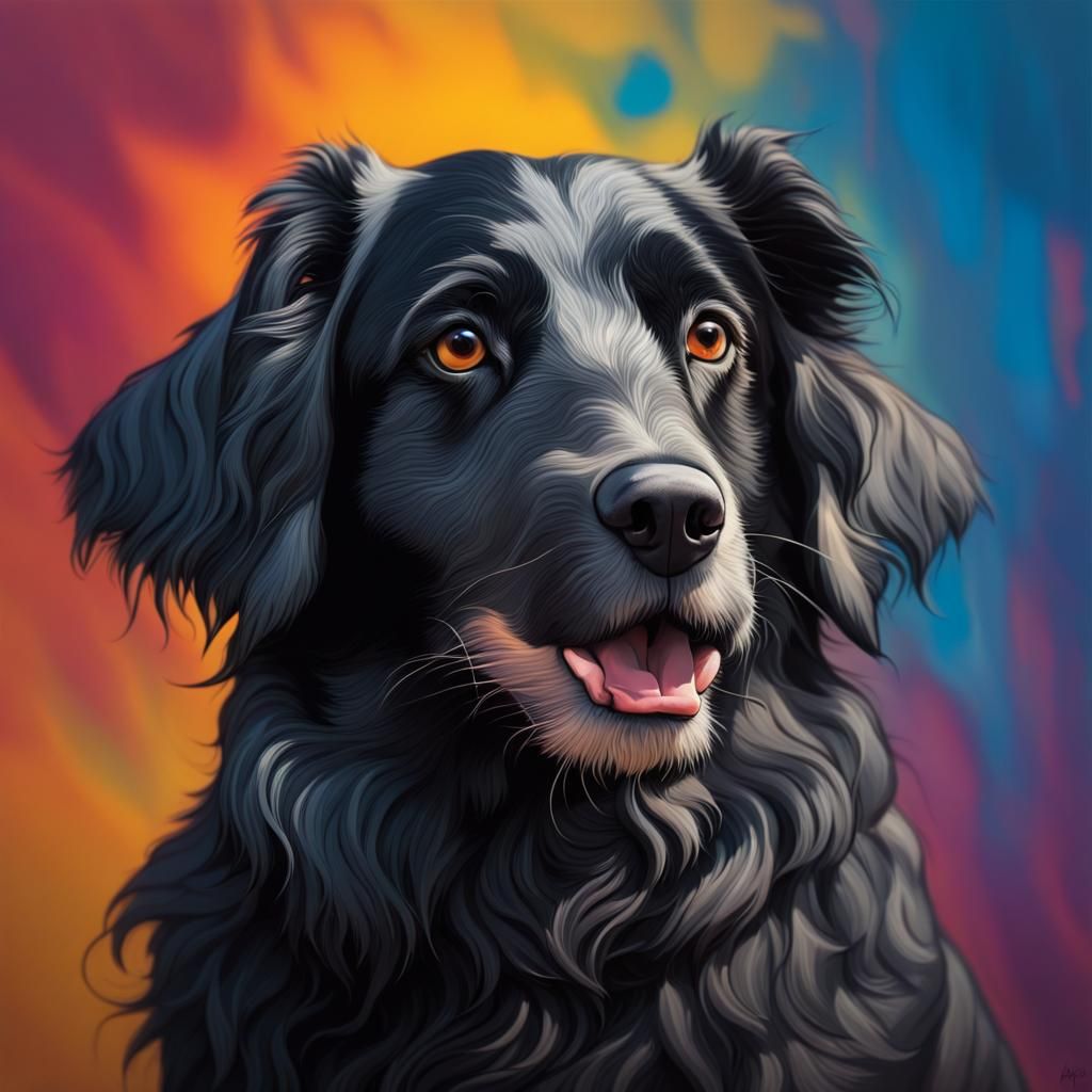 A black Stabyhoun (dog). The dog has a completely black head...
