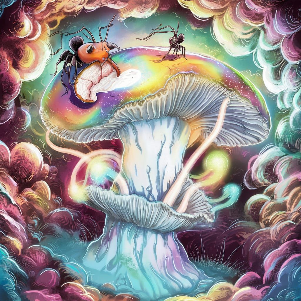 Christmas Psychedelic puffin bird with deer antlers on their head and tinsel 