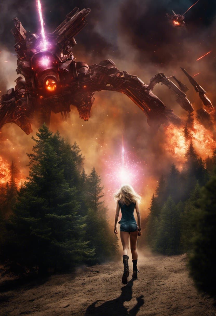 A beautiful Blonde woman runs from an alien three leg walkin...