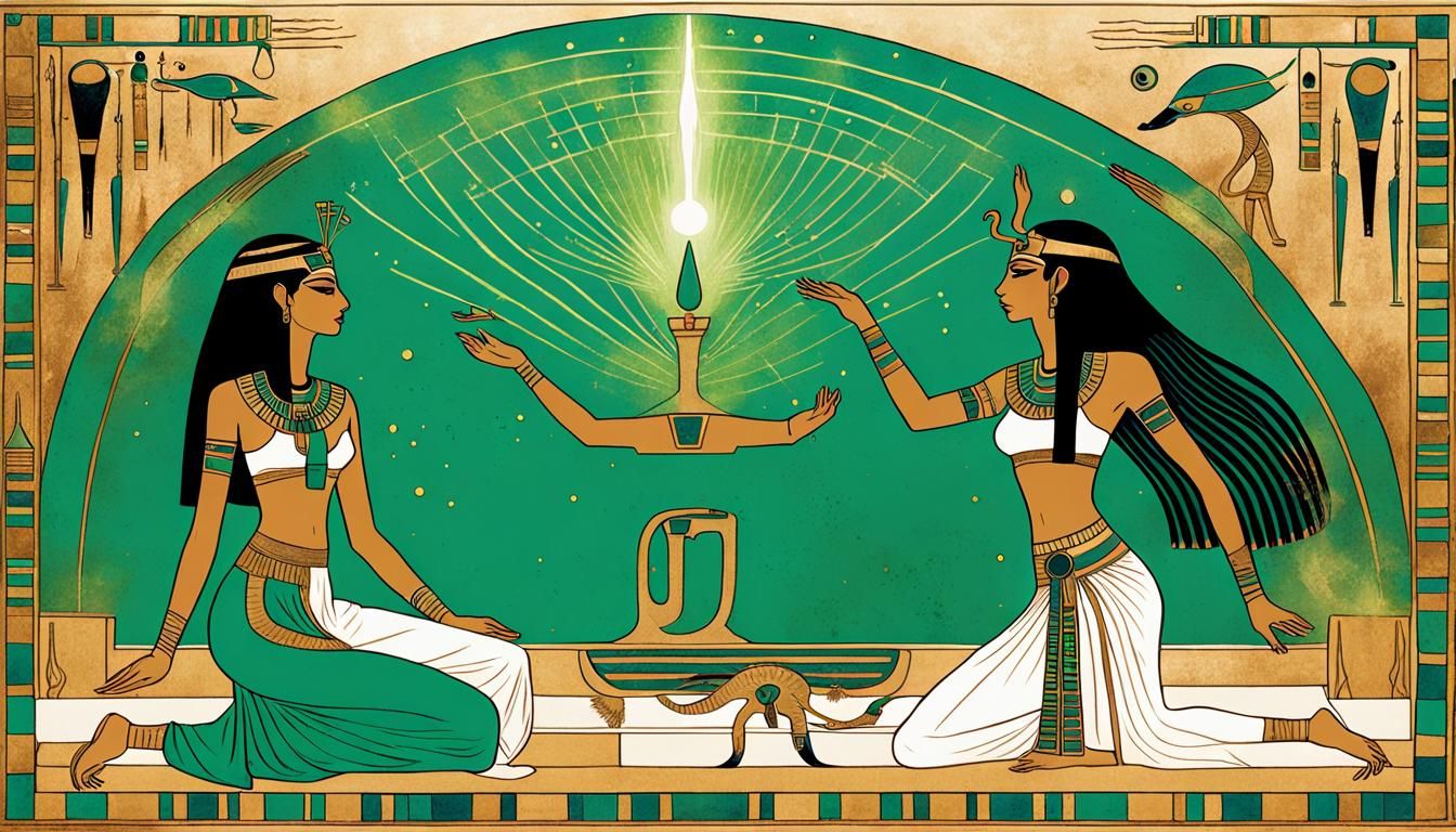 Two figures styled in ancient Egyptian attire. one girl is s...