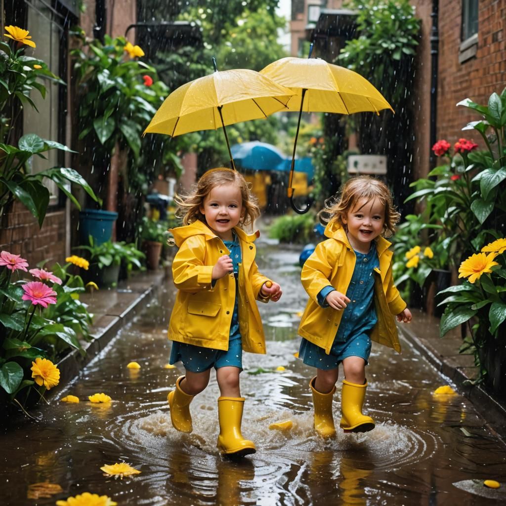 Toddler Twins Play in Rainy, Mystical Alleyway