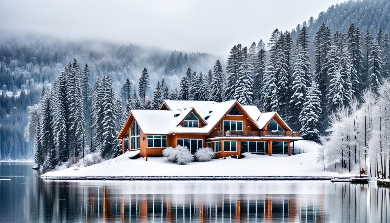 Winter snowstorm over a lake house in valley
