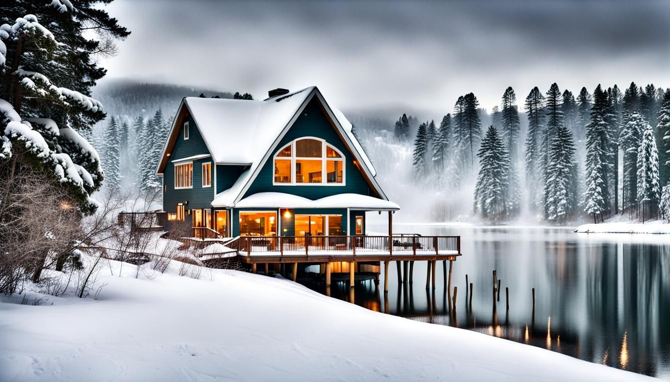 Winter snowstorm over a lake house in valley