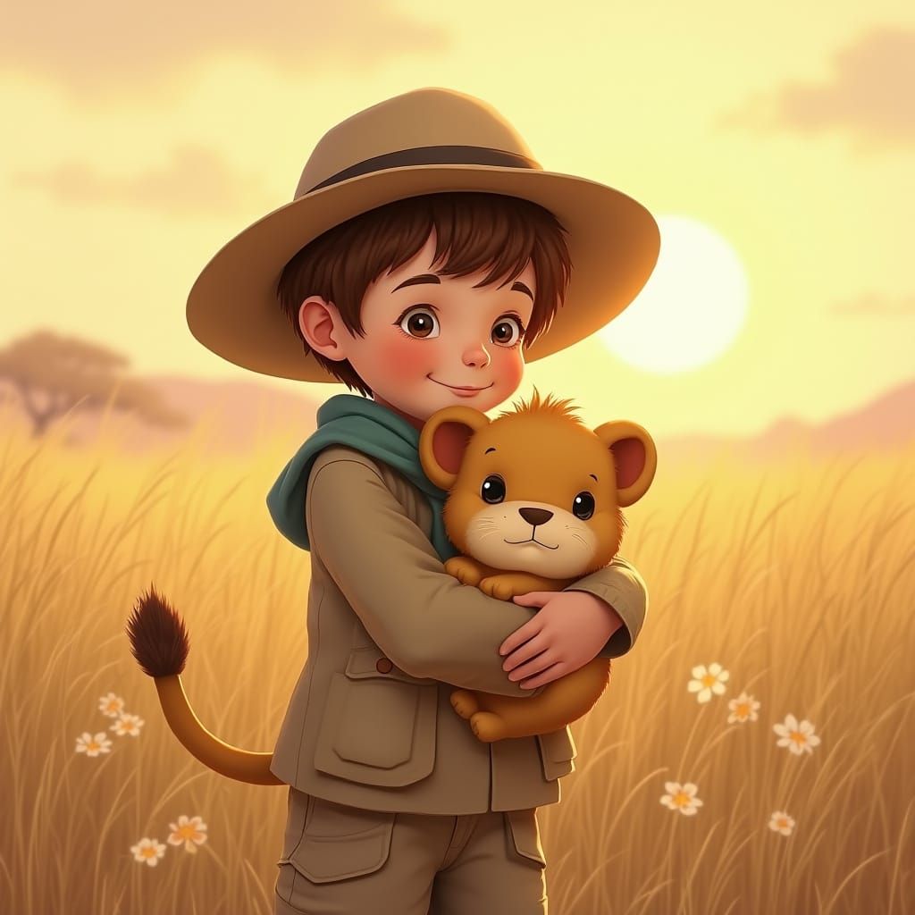 Sweet Boy Hugs a Lion Cub in a Whimsical Savannah Scene