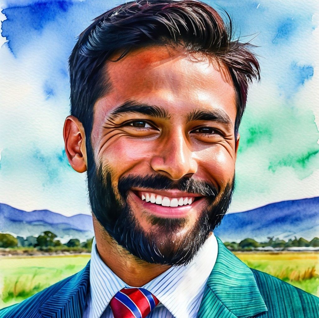 A happy bearded man with suit, shirt and tie