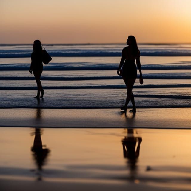 Elegant Girls Walking On A Sandy Beach At The Sunset And Long Shadows Professional Photography 0078