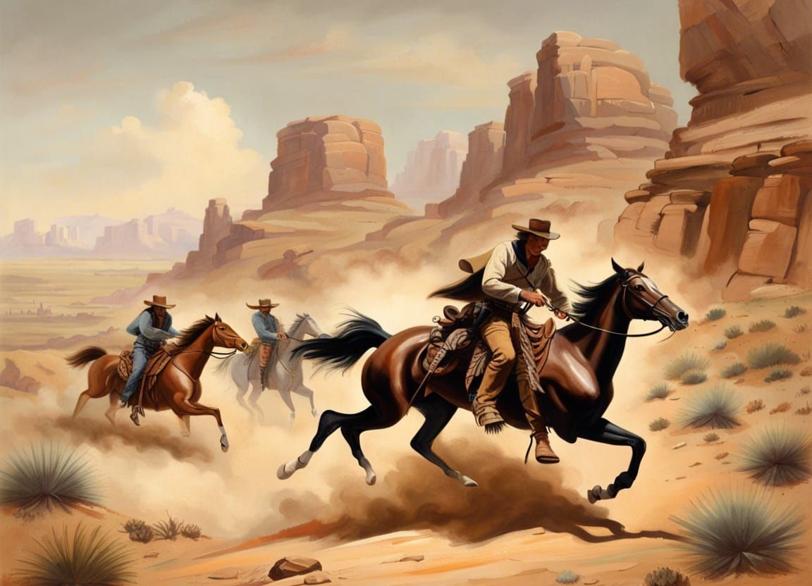 A Painting Of Cowboys Chase Horses In The Desert, In The Style Of 