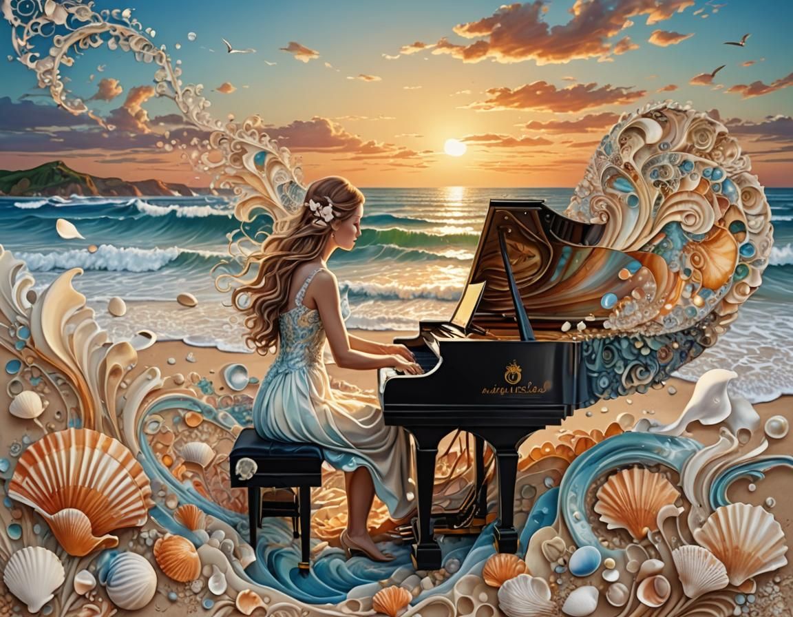 Setting sun blending into the Lady and her Piano, sea shells adorning ...