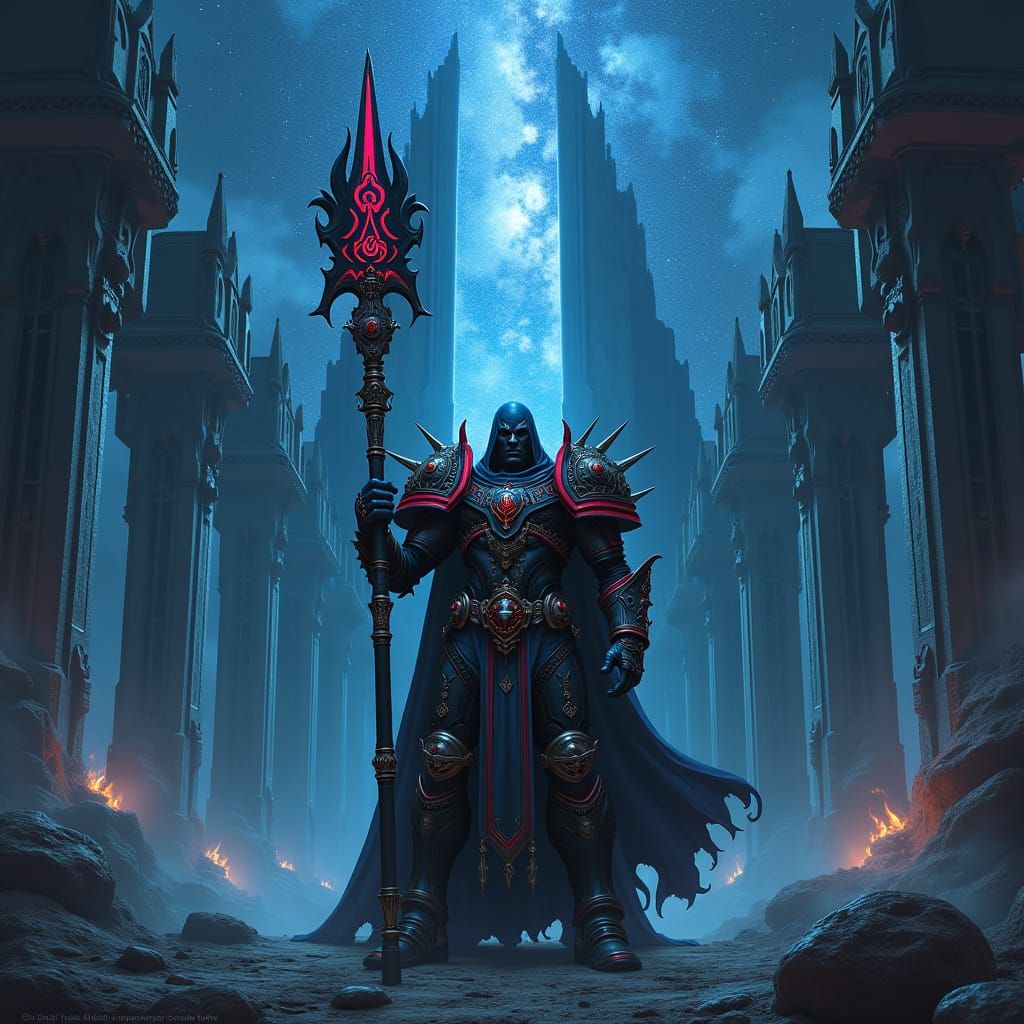 A towering arcane priest standing guard before a colossal, gothic temple. He wields a massive, rune-engraved staff glowing with ancient arca...