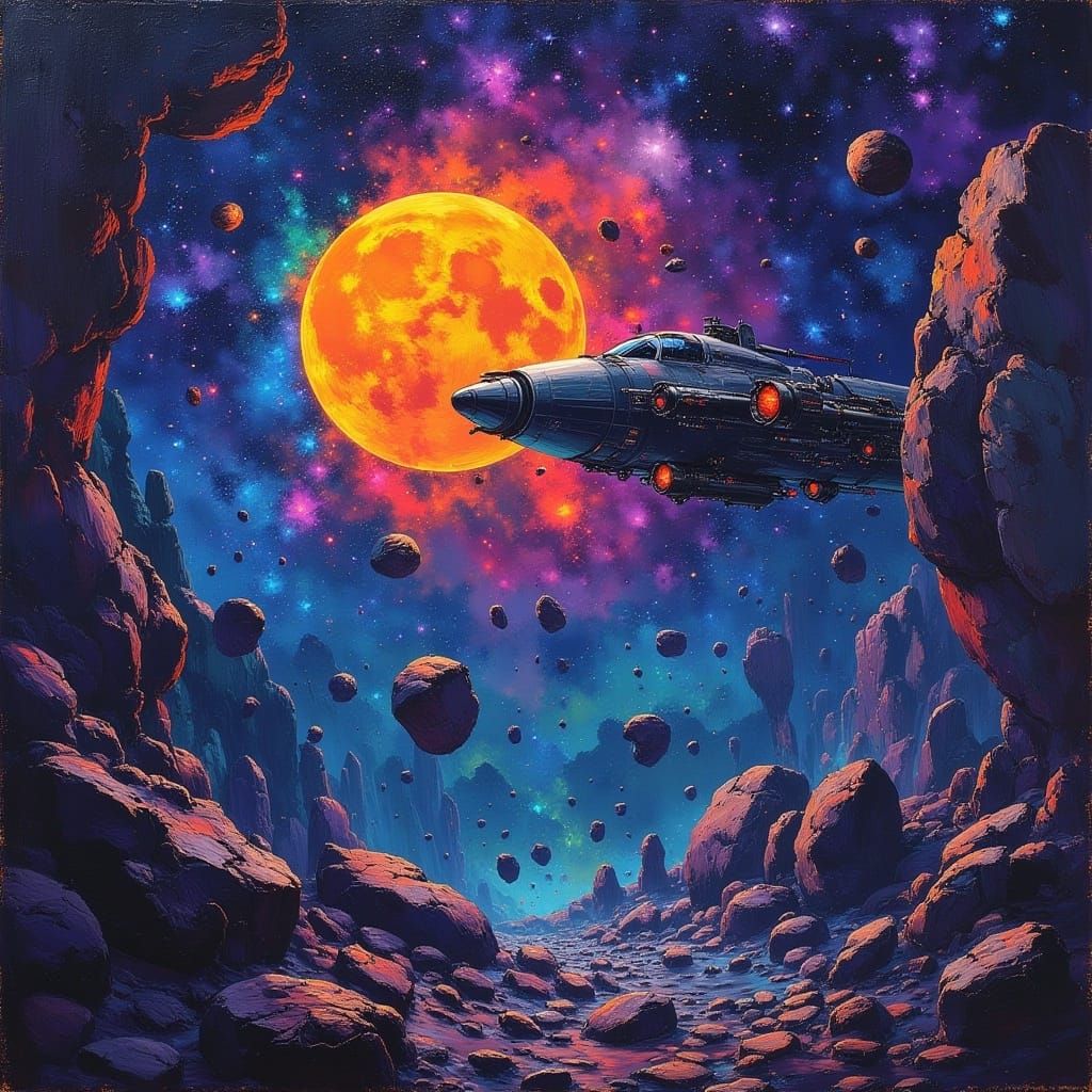 <lora:MJ6:1.0> A cosmic traveler navigating through asteroid fields in a spaceship, expressionism painting, the overall style has elements...