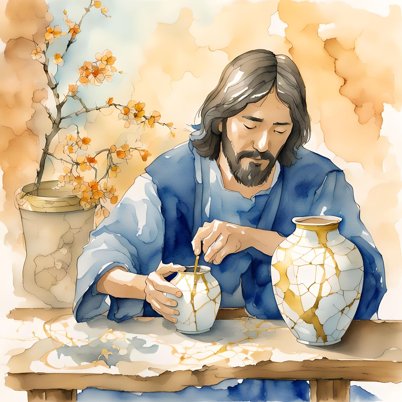 Jesus fixing a broken vase with Kintsugi  by @ValiantGnome